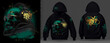 Modern luxury collection of acid print. Matte black and gold skull with glasses techno style, rave music neon 3d realistic.Technology future plaster heads.Front and back design. Graffiti hoodie