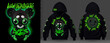 Modern collection of acid print. Cute but psycho. Emo Teddy bear cute eyes with glasses emotions techno style, rave music with neon 3d realistic psychedelic Street art graffiti print for hoodie