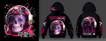 Modern Collection Of Posters Skull In Space Suit Among The Stars Style Of Techno, Rave Music And Technology Of The Future Street Art Graffiti.Sweatshirt With A Hood.Hieroglyphics Translated Mean Cute