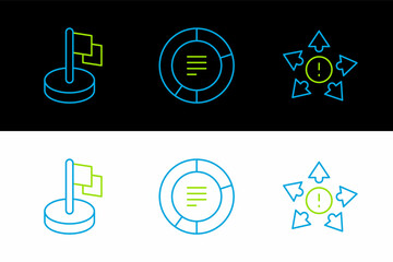 Sticker - Set line Many ways directional arrow, Flag and Pie chart infographic icon. Vector