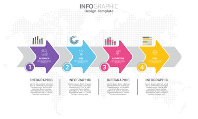 Business infographic 4 steps to success with research idea inspiration and goal.