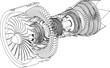 Jet engine isometrics. Vector line illustration. Concept vector illustration of advanced technology development, inheritance of skilled techniques and space development.