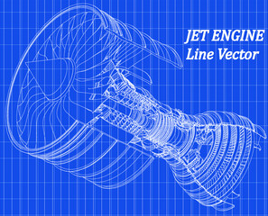 Jet engine isometrics on blue graph paper. Vector line illustration. Concept vector illustration of advanced technology development, inheritance of skilled techniques and space development.