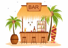 Tropical Bar Or Pub In Beach With Alcohol Drinks Bottles, Bartender, Table, Interior And Chairs By Seaside In Flat Cartoon Illustration