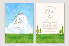 Watercolor Blue Sky Big Cloud Landscape Background Wedding Invitation Set