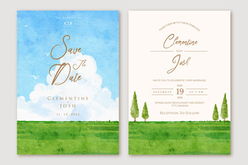 watercolor blue sky big cloud landscape background wedding invitation set