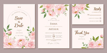 Set Of Wedding Invitation With Watercolor Pink Roses Floral