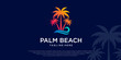 Palm trees emblems combination palm tree and beach. logo travel company, travel agency.
