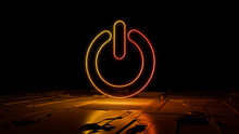 Orange And Yellow Activate Technology Concept With Power Symbol As A Neon Light. Vibrant Colored Icon, On A Black Background With High Tech Floor. 3D Render
