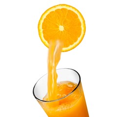 Wall Mural - Orange fruit slice and juice glass with splash and drops. Healthy drink.