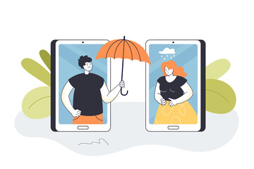 Wall Mural - man from mobile phone screen holding umbrella over sad woman. therapy and support for sad girl flat 