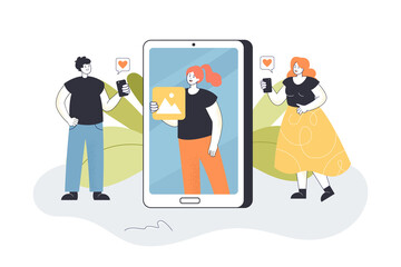 Wall Mural - blogger on phone screen showing pictures to audience. tiny man and woman giving likes flat vector il