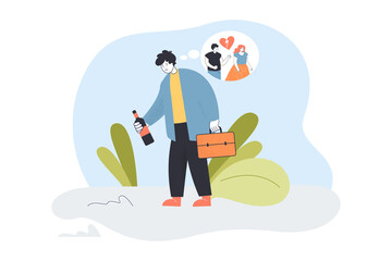 Wall Mural - Alcohol addiction of sad man thinking about conflict with woman. Person holding wine bottle flat vector illustration. Breakup, love, separation concept for banner, website design or landing web page