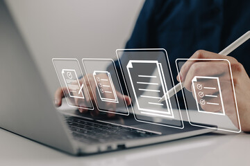 Aufkleber - E-signing, electronic signature, document management. A businessman signs an electronic document on a virtual notebook screen.