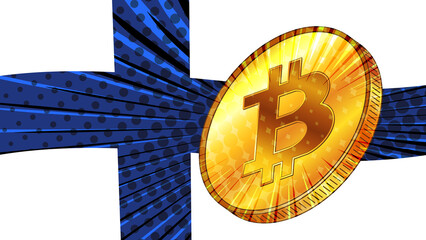 Wall Mural - Gold coin of Bitcoin BTC and colored flag of Finland on background. Central Bank of Finland adopts laws on mining and digital assets.