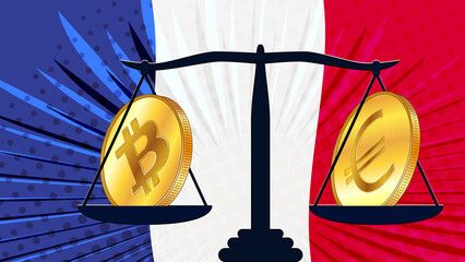 Canvas Print - Gold coin of Bitcoin BTC and Euro EUR on scales and colored flag of France on background. Central Bank of France adopts laws on digital assets CBDC.