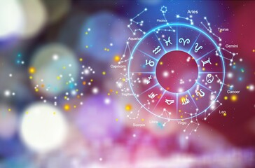 Wall Mural - zodiac signs inside of horoscope circle. astrology in the sky with many stars concept