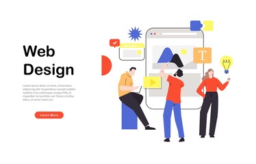  Web page design template for designing and programming vector illustration. Team working on mobile application, coding and prototyping web page. Web landing page design	