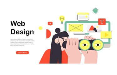 Web page design template for designing and programming vector illustration. Woman working on mobile application, coding and prototyping web page. Web landing page design	