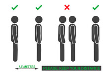 Keep Your Distance Sign. Vector Illustration Of People Icons Standing In Line With Interval Of 1.5 Meters Between. Forbidden To Come Close To Each Other. Icons Of People Standing Sideways In Profile.