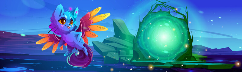 Wall Mural - superhero cat and fantastic portal at night. vector cartoon illustration of alien world landscape wi