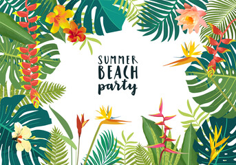 Wall Mural - Vector Summer Beach Party beautiful jungle exotic leaves flyer, poster, banner. Calligraphic summer design. Monstera, hibiscus, bird of paradise flowers, tropical plants. Summertime illustration