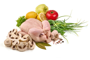 Sticker - Raw whole chicken with condiments and vegetables, isolated on white background.