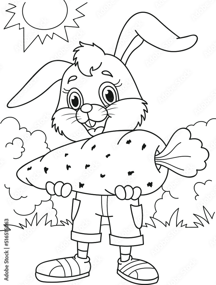 Coloring page outline of cartoon cute rabbit with carrot. Colorful ...