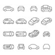 Car icons set. The car from different sides. Side view, back, front, bottom, inside. linear icon collection. Line with editable stroke