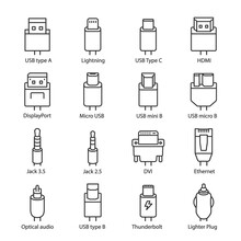 Cable Connectors Icons Set. Different Types Of Device Connection Interface, Linear Icon Collection. Line With Editable Stroke