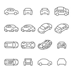 car icons set. the car from different sides. side view, back, front, bottom, inside. linear icon col