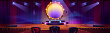 Stage For Talent Show With Round Podium, Spotlights, Mic And Jury Chairs. Vector Cartoon Illustration Of Empty Scene In Television Studio For Events, Concerts, Music Or Comedy Contest