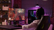 © DC Studio - Over shoulder view of african american gamer girl playing online games using gaming pc setup spending relaxing time at home. Woman using modern technology for entertainment and streaming tournament.