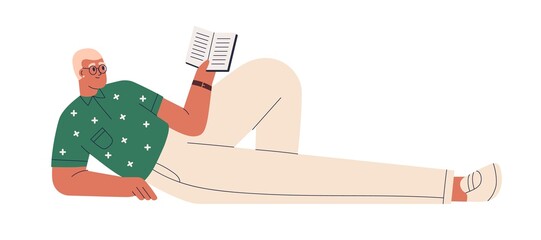Young man lying with open book at leisure time. Adult male reader. Student learning for exam. Paper literature fan relaxing. Reading hobby. Flat vector illustration isolated on white background