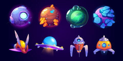 Wall Mural - Alien spaceship, fantasy planets game icons vector set. Funny rockets, ufo shuttles cartoon collection illustrations isolated on white background. Cute cosmic objects, computer game graphic elements