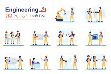 Wall Mural - Engineering concept scenes seo with tiny people in flat design. Men and women in helmets working as architect and surveyor, drawing blueprints. Vector illustration visual stories collection for web