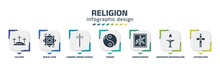 Religion Infographic Design Template With Calvary, Rub El Hizb, Aaronic Order Church, Taoism, Confucianism, Unitarian Universalism, Catholicism Icons. Can Be Used For Web, Banner, Info Graph.
