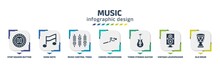 Music Infographic Design Template With Stop Square Button, Song Note, Music Control Tings Button, Cinema Microphone, Three Strings Guitar, Vintage Loudspeaker, Old Drum Icons. Can Be Used For Web,
