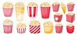 Popcorn buckets. Cartoon holiday snacks mockup for film and TV watching, large medium and small sizes of popcorn paper cups. Vector movie fun food set