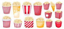 Popcorn Buckets. Cartoon Holiday Snacks Mockup For Film And TV Watching, Large Medium And Small Sizes Of Popcorn Paper Cups. Vector Movie Fun Food Set