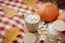 Cup Of Cocoa With Marshmallow On Wooden Table, Some Pumpkins, Aromatic Candles Around. Beautiful Autumn Composition