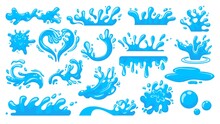 Water Splash. Cartoon Falling Liquid Drops, Floating Waves And Stream, Clean Water Concept, Fluid Motion Concept. Vector Water Drop Isolated Collection