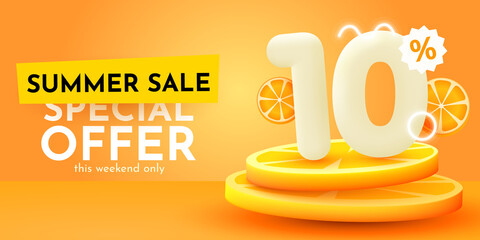 10 percent Off. Discount creative composition. Summer sale banner with orange. Sale banner and poster.