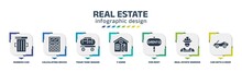 Real Estate Infographic Design Template With Rubbish Can, Calculating Device, Train Tank Wagon, Y Home, For Rent, Real Estate Worker, Car With A Roof Icons. Can Be Used For Web, Banner, Info Graph.