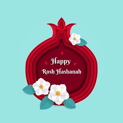 Wall Mural - Rosh Hashanah greeting banner with symbols of Jewish New Year holiday pomegranate and paper flowers. Paper cut vector illustration template.