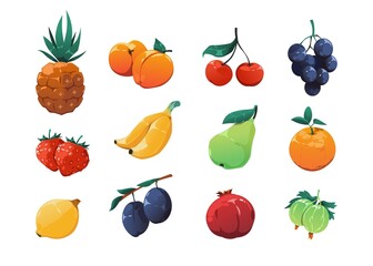 Fruits game asset. Cartoon exotic organic fruits collection, 2D game sprite graphic of apple, apricot strawberry plum pear banana lemon grape. Vector set