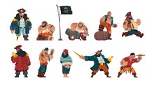 Pirate Characters. Cartoon Armed Male Bandit Sailors, Group Fantasy Marine Villains With Swords Cannons Spyglass And Pirate Flag. Vector Isolated Collection