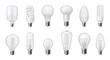 Realistic light bulb. Different types of energy efficient, fluorescent, halogen, incandescent and LED bulbs symbols, idea concept. Vector 3D isolated set
