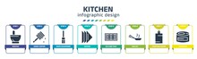 Kitchen Infographic Design Template With Mortar, Honey Dipper, Knife Sharpener, Napkin, Ice Cube Tray, Skillet, Chopping Board, Conserve Icons. Can Be Used For Web, Banner, Info Graph.