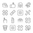 Patch icons set. Medical plaster for skin injuries and wounds, linear icon collection. Line with editable stroke